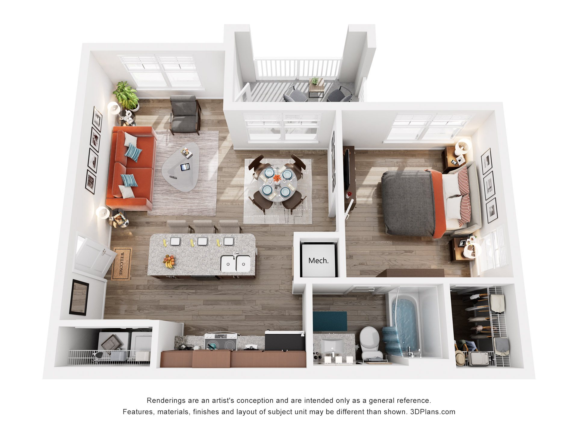 Floor plan for 1 bed, 1 bath, 731 sqft